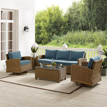 Load image into Gallery viewer, Bradenton 5Pc Swivel Rocker And Sofa Set Navy/Weathered Brown - Sofa, Coffee Table, Side Table, &amp; 2 Swivel Rockers
