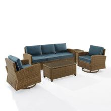 Load image into Gallery viewer, Bradenton 5Pc Swivel Rocker And Sofa Set Navy/Weathered Brown - Sofa, Coffee Table, Side Table, &amp; 2 Swivel Rockers
