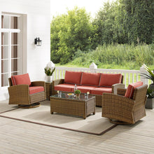 Load image into Gallery viewer, Bradenton 5Pc Swivel Rocker And Sofa Set Sangria/Weathered Brown - Sofa, Coffee Table, Side Table, &amp; 2 Swivel Rockers
