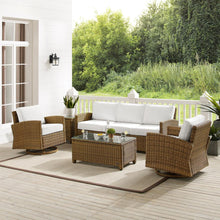 Load image into Gallery viewer, Bradenton 5Pc Swivel Rocker And Sofa Set - Sunbrella White/Weathered Brown - Sofa, Coffee Table, Side Table, &amp; 2 Swivel Rockers
