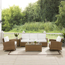 Load image into Gallery viewer, Bradenton 5Pc Swivel Rocker And Sofa Set - Sunbrella White/Weathered Brown - Sofa, Coffee Table, Side Table, &amp; 2 Swivel Rockers
