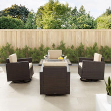 Load image into Gallery viewer, Palm Harbor 5Pc Outdoor Wicker Conversation Set W/Fire Table Sand/Brown - Tucson Fire Table &amp; 4 Swivel Rocking Chairs
