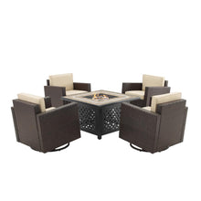 Load image into Gallery viewer, Palm Harbor 5Pc Outdoor Wicker Conversation Set W/Fire Table Sand/Brown - Tucson Fire Table &amp; 4 Swivel Rocking Chairs
