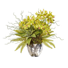 Load image into Gallery viewer, 25" Phalaenopsis Orchid, Succulent and Fern Artificial Arrangement in Silver Vase
