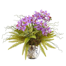 Load image into Gallery viewer, 25" Phalaenopsis Orchid, Succulent and Fern Artificial Arrangement in Silver Vase
