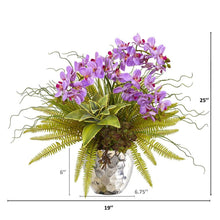 Load image into Gallery viewer, 25" Phalaenopsis Orchid, Succulent and Fern Artificial Arrangement in Silver Vase
