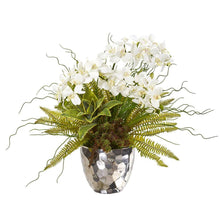 Load image into Gallery viewer, 25" Phalaenopsis Orchid, Succulent and Fern Artificial Arrangement in Silver Vase
