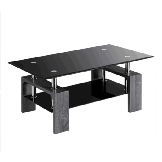 Rectangle Glass Coffee Table with Black Top and Metal Legs for Livingroom