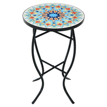 Load image into Gallery viewer, 14-Inch Mosaic Side Small Round Bistro End Table with Cast Iron Plant Stand
