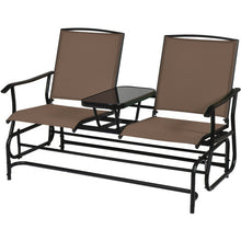 Load image into Gallery viewer, 2-Person Double Rocking Loveseat with Mesh Fabric and Center Tempered Glass Table-Brown
