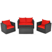 Load image into Gallery viewer, 4 Pieces Patio Rattan Conversation Set with Padded Cushion and Tempered Glass Coffee Table-Red
