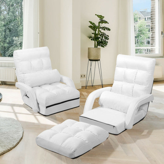 Folding Lazy Floor Chair Sofa with Armrests and Pillow-White