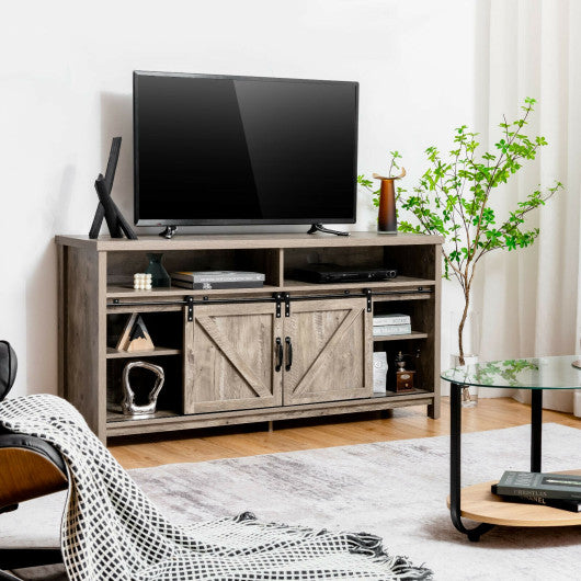 59 Inch TV Stand with Sliding Double Barn Door for TVs up to 65 Inch-Light Brown
