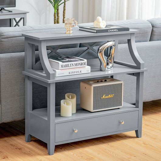 3-Tier Storage Rack End table Side Table with Slide Drawer -Gray
