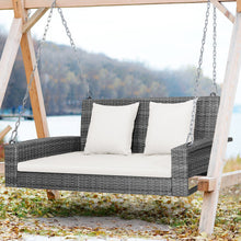 Load image into Gallery viewer, 2-Person Patio PE Wicker Hanging Porch Swing Bench Chair Cushion 800 Pounds-White
