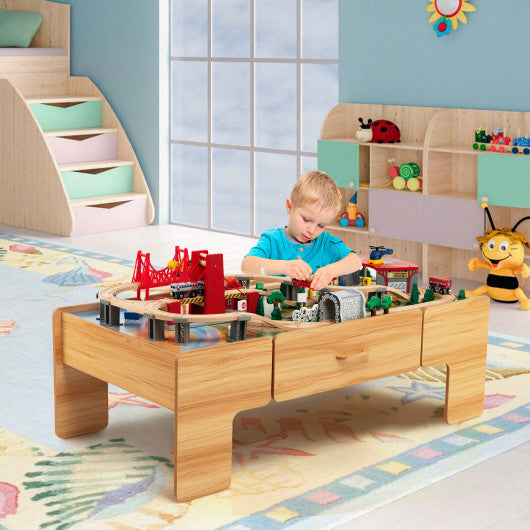 Kids Double-Sided Wooden Train Table Playset with Storage Drawer
