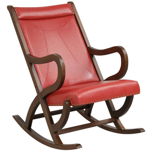 Modern Rocking Chair with PU Cushion and Rubber Wood Frame-Red