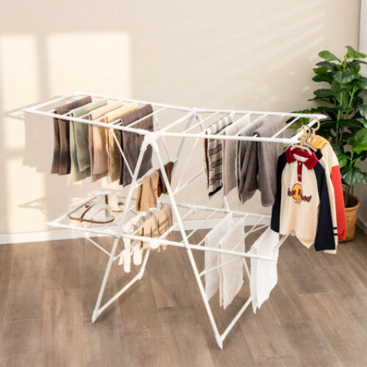 2-Level Foldable Clothes Drying Rack with Height-Adjustable Gullwings-White