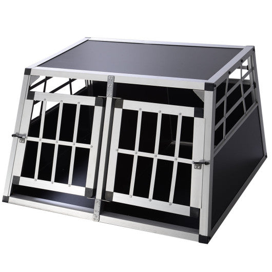 Large 2-Door Aluminum Box Dog Crate Kennel Pet Playpen Cage w/Divider