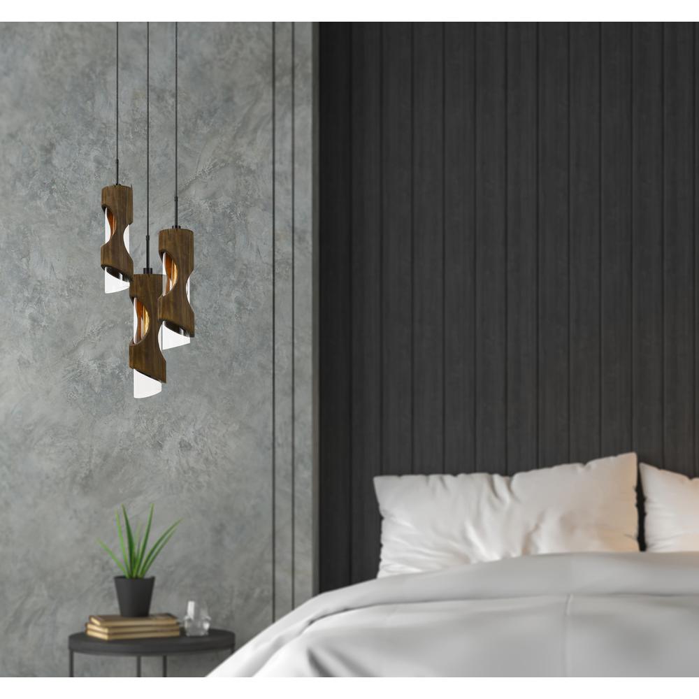 60W X 3 Zamora 3 Light Wood Pendant With Clear Glass Shade (Edison Bulbs Not Included)