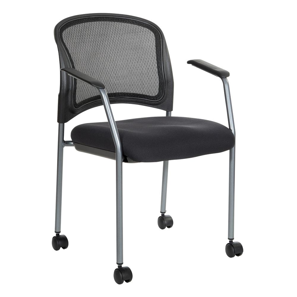 Titanium Finish Rolling Visitors Chair With Casters, Arms and upholstered Contour Back. Black FreeFlex¨ (-30) Fabric or Custom Fabric Choices. Stacking Chair, 86740R-30