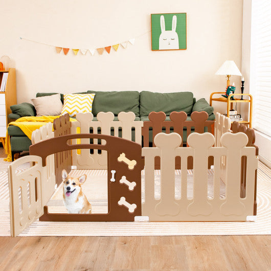 All-Weather HDPE 8-Panel Pet Playpen with Door-Brown