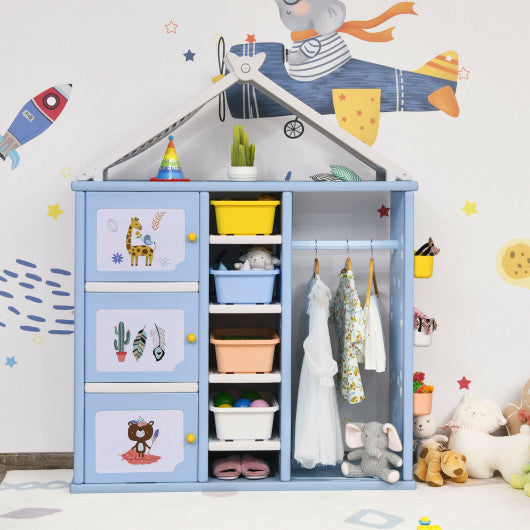 Kids Wardrobe Costume Storage Closet Pretend Dresser Hanging Armoire-Blue