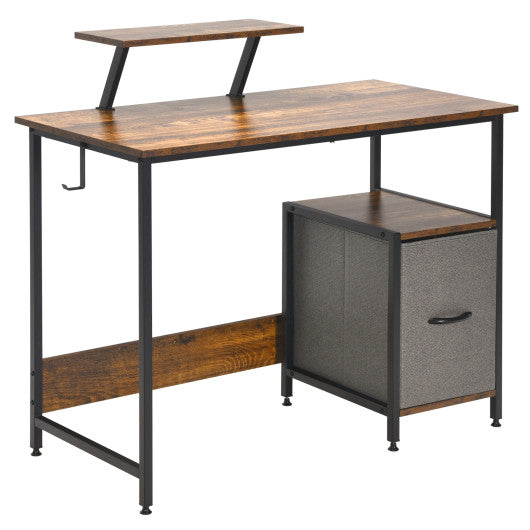 Computer Desk with Reversible Storage Drawer and Moveable Shelf-Brown
