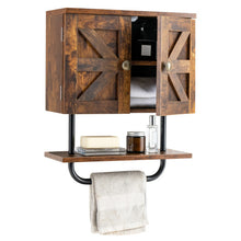Load image into Gallery viewer, 2-Door Bathroom Wall-Mounted Medicine Cabinet with Open Shelf and Towel Rack-Rustic Brown
