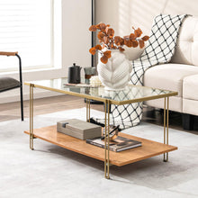 Load image into Gallery viewer, 2 Tiers Rectangle Glass Coffee Table with White and Gold Steel Frame-Golden
