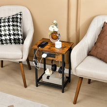 Load image into Gallery viewer, 2 Pieces Bedside Nightstand Set with Open Shelf and Charging Station-Rustic Brown
