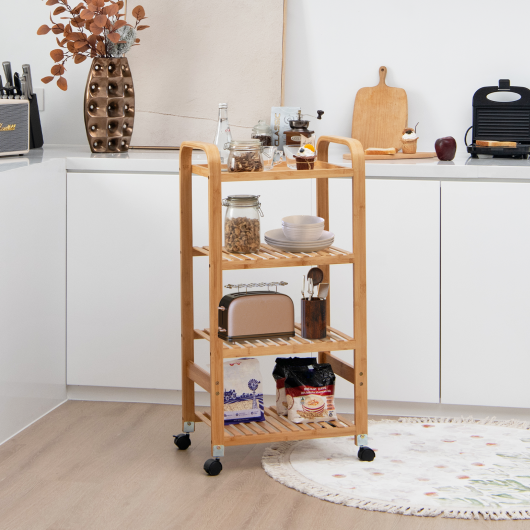 4-Tier Bamboo Mobile Kitchen Serving Trolley Cart with Storage Shelf and Lockable Casters-Natural