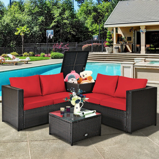 4 Pcs Outdoor Patio Rattan Furniture Set with Cushioned Loveseat and Storage Box-Red