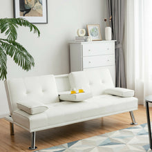 Load image into Gallery viewer, Convertible Folding Leather Futon Sofa with Cup Holders and Armrests-White
