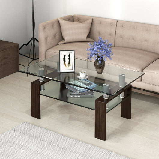 Rectangle Glass Coffee Table with Metal Legs for Living Room-Coffee