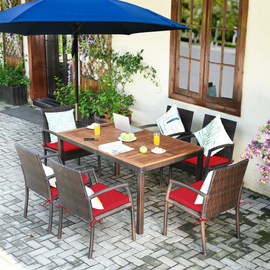 7Pcs Patio Rattan Cushioned Dining Set with Umbrella Hole-Red