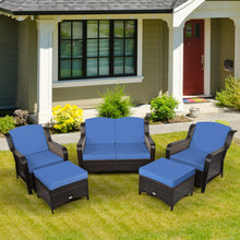 Load image into Gallery viewer, 5 Pieces Patio Rattan Sofa Set with Cushion and Ottoman-Navy

