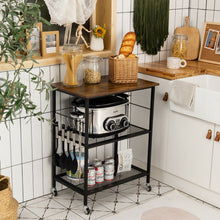 Load image into Gallery viewer, 3-Tier Kitchen Serving Cart Utility Standing Microwave Rack with Hooks Brown
