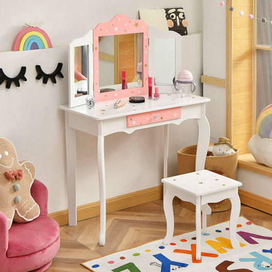 Kids Vanity Princess Makeup Dressing Table Chair Set with Tri-folding Mirror-White