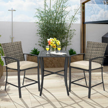 Load image into Gallery viewer, 3 Pieces Patio Rattan Bar Furniture Set with Slat Table and 2 Cushioned Stools-Gray
