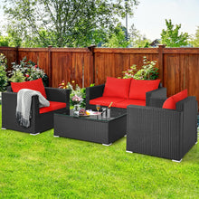 Load image into Gallery viewer, 4 Pieces Patio Rattan Conversation Set with Padded Cushion and Tempered Glass Coffee Table-Red

