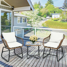 Load image into Gallery viewer, 3 Pieces Patio Rattan Bistro Set Cushioned Chair Glass Table Deck-White
