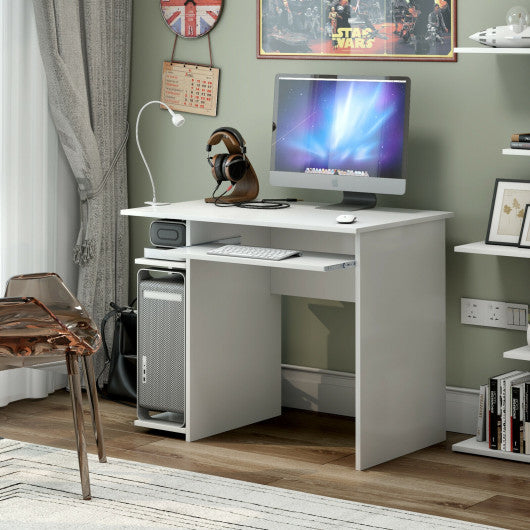 Compact Computer Desk with Slide-out Keyboard Tray and Storage Shelves-White