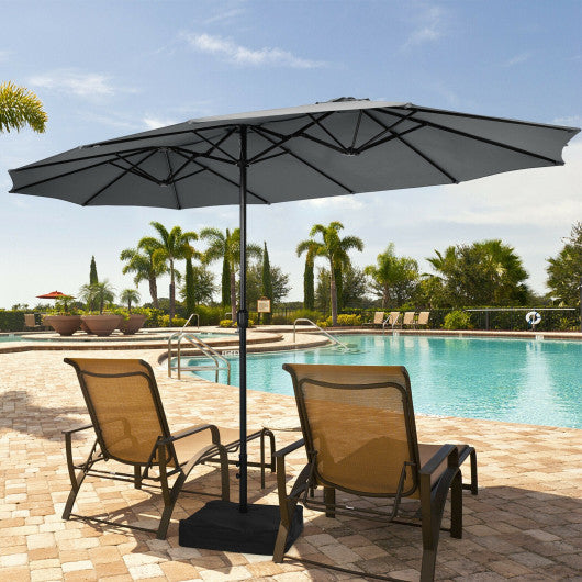 15 Feet Double-Sided Twin Patio Umbrella with Crank and Base Coffee in Outdoor Market-Gray