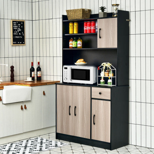 4-Door 71 Inch Kitchen Buffet Pantry Storage Cabinet with Hutch Adjustable Shelf-Black