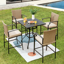 Load image into Gallery viewer, 5 Pieces Outdoor Rattan Bistro Bar Stool Table Set with Cushions
