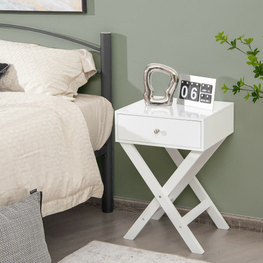 X Shaped Structure Side Nightstand with Drawer-White