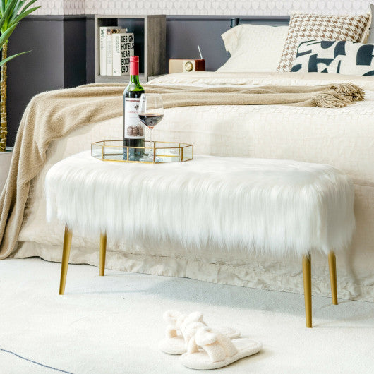 Modern Faux Fur Ottoman Bench with Golden Legs-White