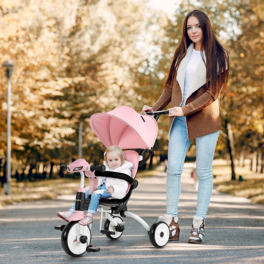 6-in-1 Foldable Baby Tricycle Toddler Stroller with Adjustable Handle-Pink