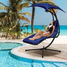 Load image into Gallery viewer, Hanging Curved Steel Swing Chaise Lounger with Removable Canopy and Overhead Light-Navy
